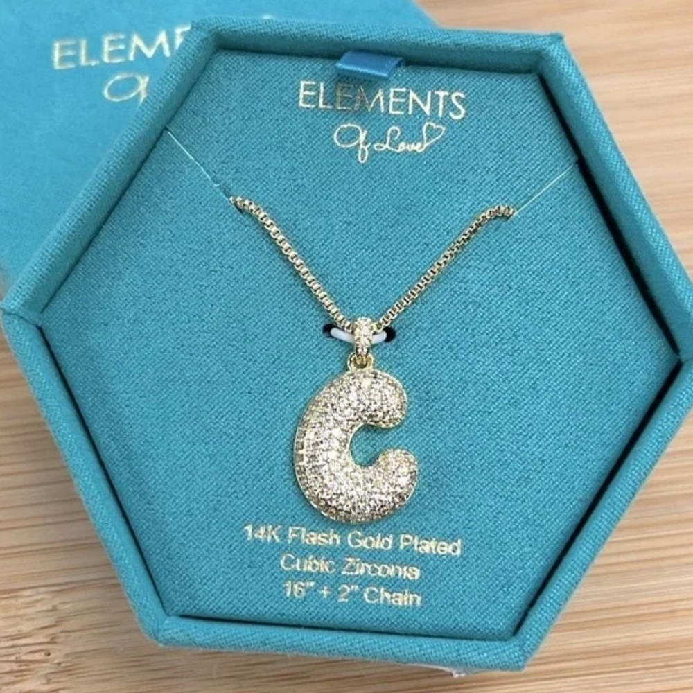 Brand New 14K Gold Plated Necklace Sparkly Rhinestone Bubble Letter Monogram “C”